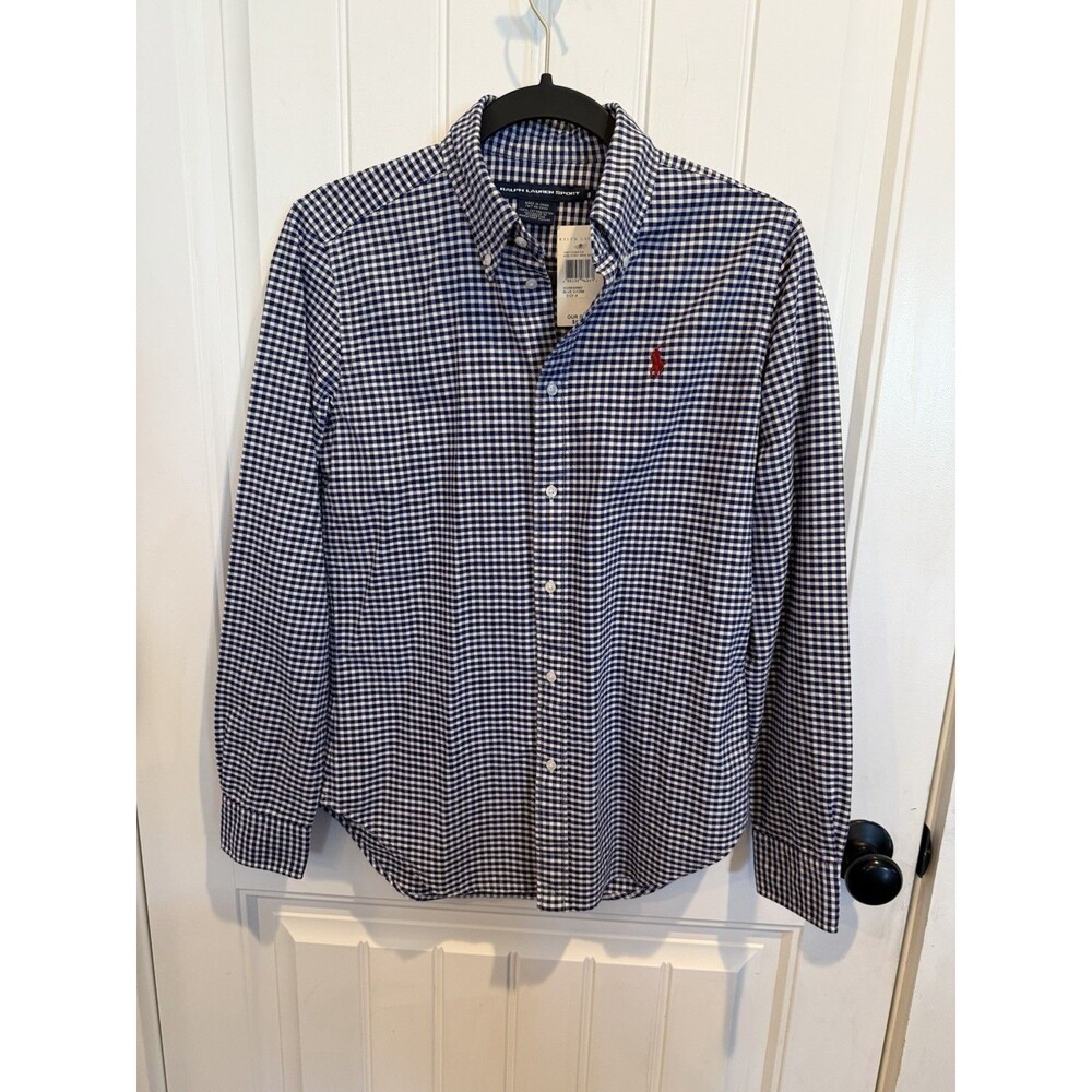 NWT Ralph Lauren Sport Womens 8 Blue White Gingham Button Down Shirt Cotton